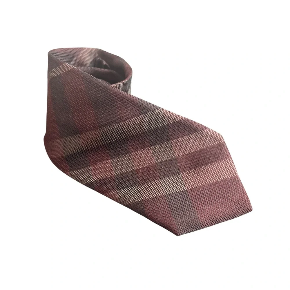 Burberry London Silk Tie Mens OS Burgundy Check Hand Made England Excellent